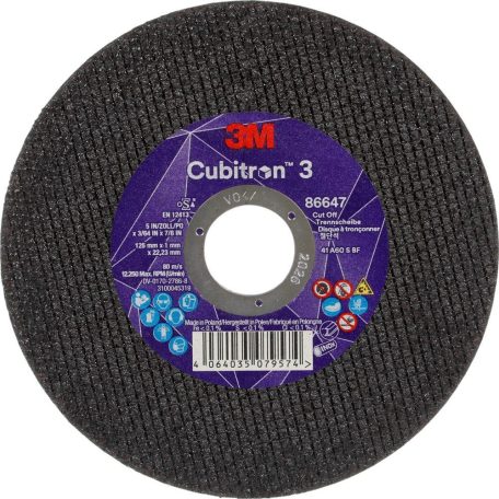 3M Cubitron 3 vágókorong, 86647, 60+, T41, 125 mm x 1 mm x 22,23 mm, EN, 25/csomag, 50 db/doboz