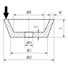 Gránit bakelitkötésű kúpos fazék alakú köszörűkorong 110x56x22,2 mm 110/90 1C24Q5B, 30222, keményfémlapkás szerszám, kopásálló réteg HRC>60, Öntvény, Színesfém, Keménybronz, Műanyag, Gumi, Műszaki kerámia, Üveg, Természetes és Mesterséges kő