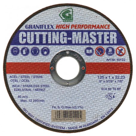 Prémium minőségű CUTTING-MASTER vékony vágókorong szerkezeti acélhoz és inoxhoz 125x1,6x22,23 mm   INOX  61A46T8BF 80