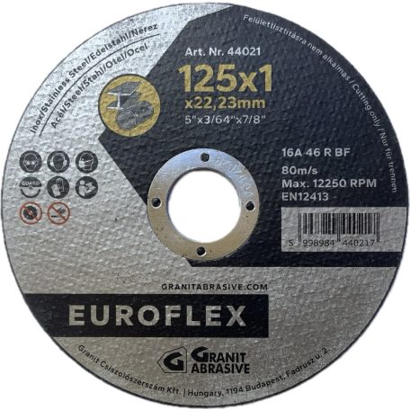125x1,0x22,23 mm Gránit EUROFLEX vékony vágókorong szerkezeti acélhoz és inoxhoz  16A 46R BF 80, 44021, EUROIFLEX, rozsdamentes acél, szerkezeti acél