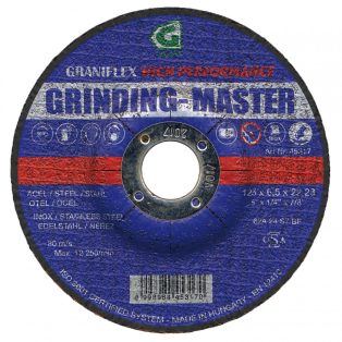   Gránit Prémium minőségű GRINDING-MASTER szabadfelületű tisztítókorong szerkezeti és ötvözött acélhoz 125x6,5x22,23 mm  62A24S7BF 80, 45317, GRINDING-MASTER, Szerkezeti acél-Szerszámacél-Alacsonyan ötvözött acél-Acélöntvény, 