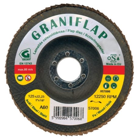 Gránit Prémium minőségű GRANIFLAP normálkorund szemcsés csiszolótárcsa acélhoz és fához 115x22,23 mm  A60   kúpos , 57002