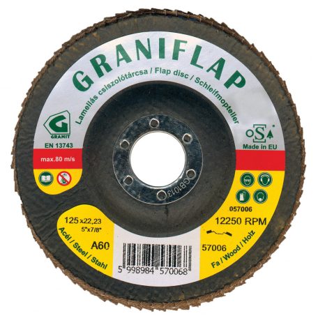Gránit Prémium minőségű GRANIFLAP normálkorund szemcsés csiszolótárcsa acélhoz és fához 115x22,23 mm A80 kúpos, 57003, GRANIFLAP, Általános fém-Szerkezeti acél-Fa,