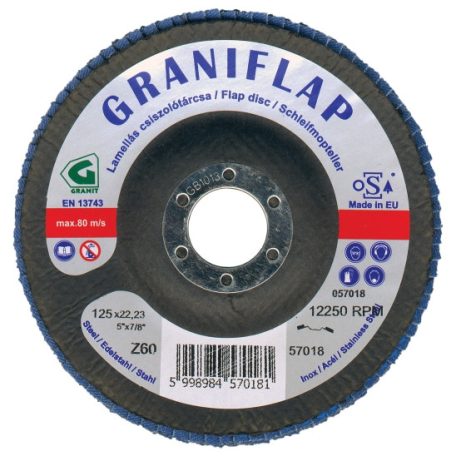 Prémium minőségű GRANIFLAP cirkon szemcsés csiszolótárcsa acélhoz és inoxhoz 115x22,23 mm  Z60   kúpos 