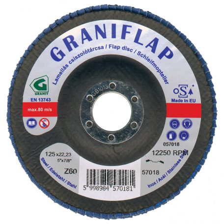 Gránit Prémium minőségű GRANIFLAP cirkon szemcsés csiszolótárcsa acélhoz és inoxhoz 115x22,23 mm Z60 kúpos , 57014, GRANIFLAP, Szerkezeti acél-Szerszámacél-Rozsdamentes acél-Saválló acél-Öntvény,