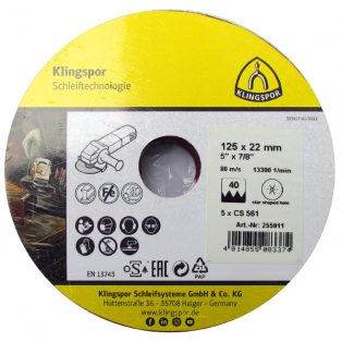   Klingspor CS 561 Fíbertárcsák, 115 x 22 mm szemcse 120 csillag bevágású, Kiagasztható fóliás csom., 255909